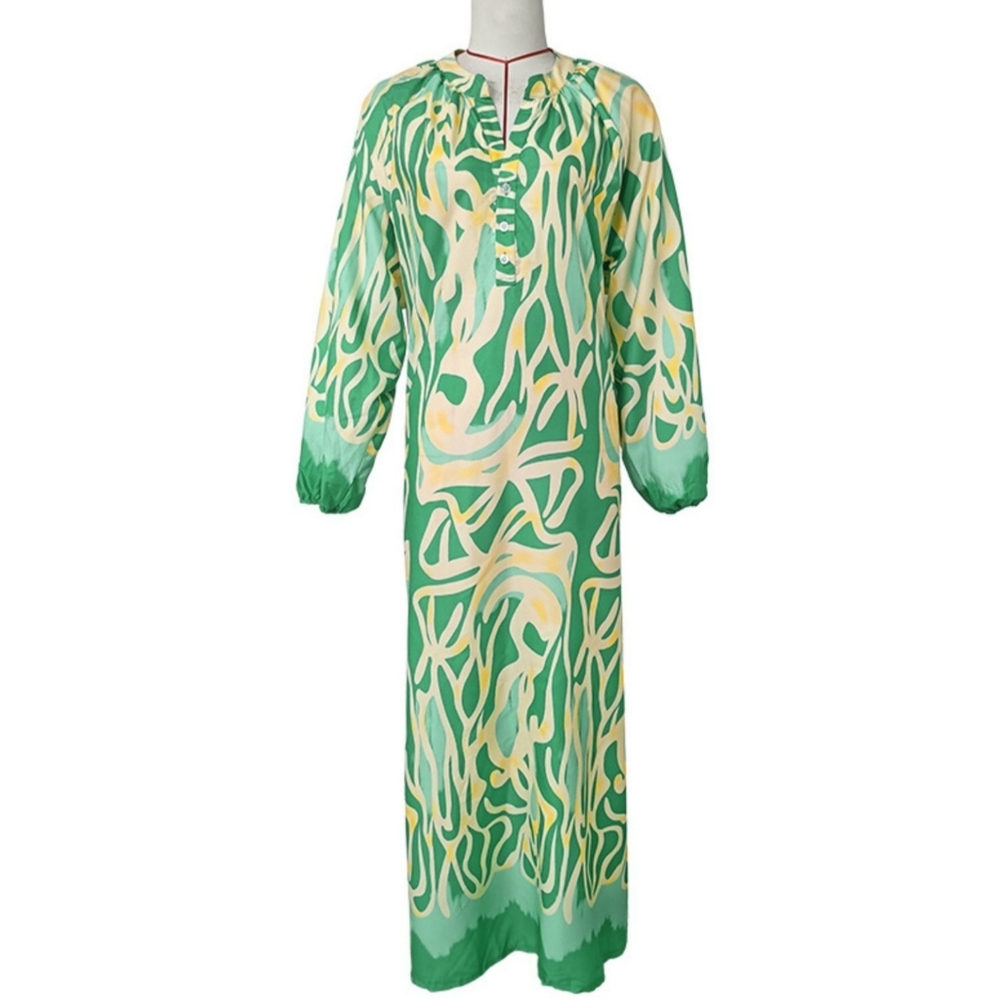 Green Abstract Button Chest Oversized Long Sleeve Dress Lightweight Colorful - Picture 6 of 10